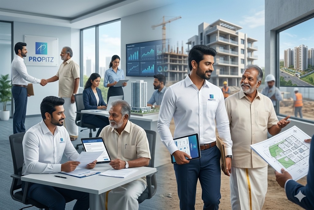 PropITZ staff working with customers in the office and at a site